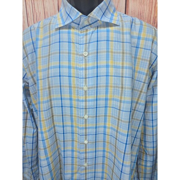 Peter Millar Mens Blue Plaid Long Sleeve Button-Down Shirt Large - Picture 3 of 6